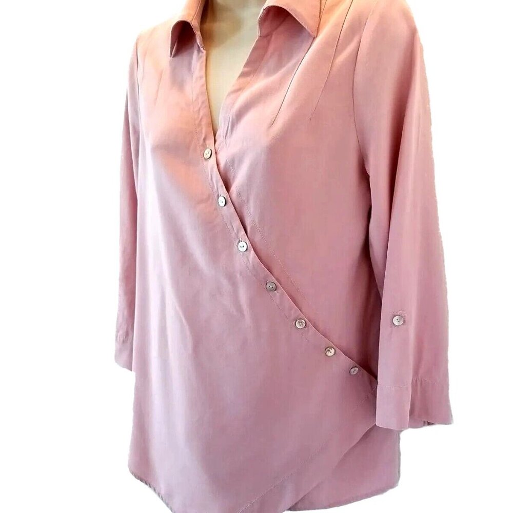 Soft Surroundings Tencel Wrap Tunic Top PXS Pink Roll Tab Sleeves NEW